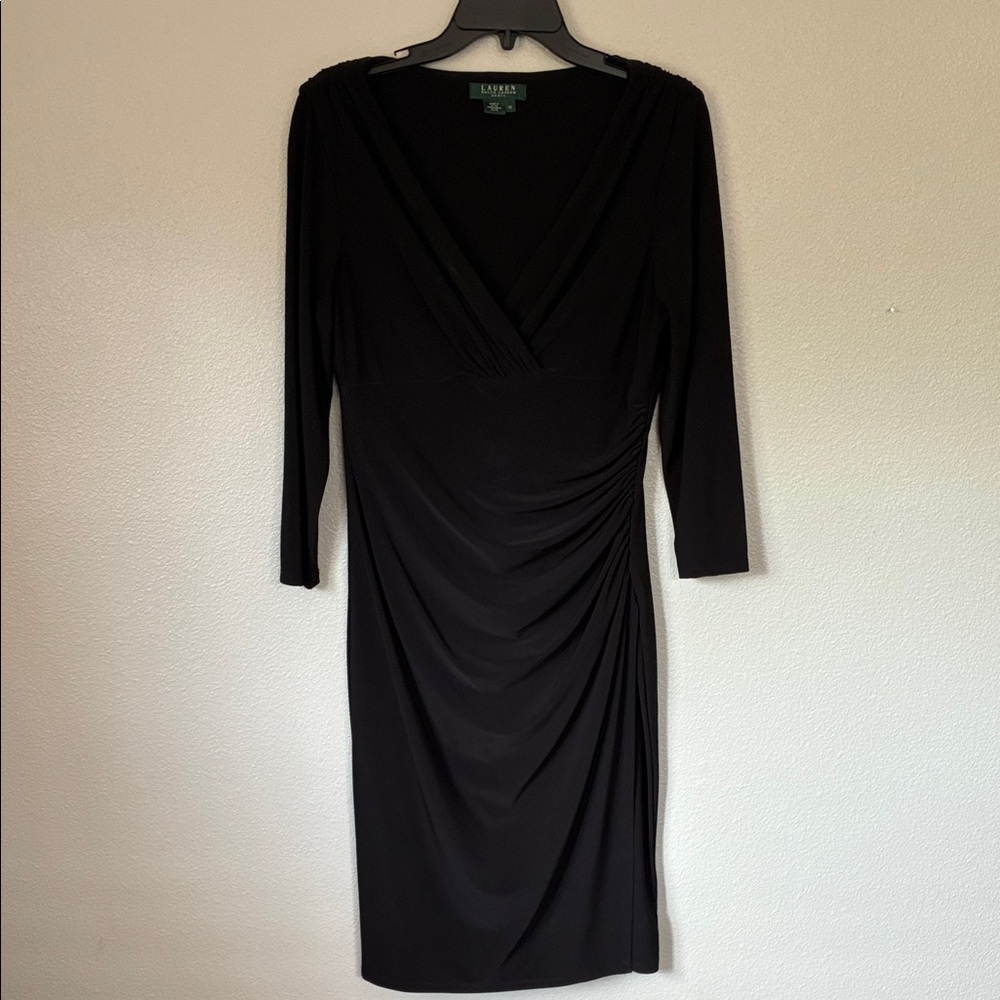 Ralph Lauren Black Long-Sleeve Ruched V-Neck Dress